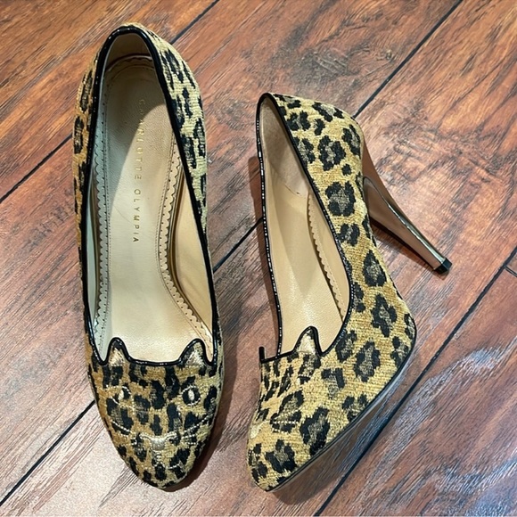 Charlotte Olympia Kitty Heels Leopard Tapestry Gold Heel 39 US9 Cat - Picture 1 of 10